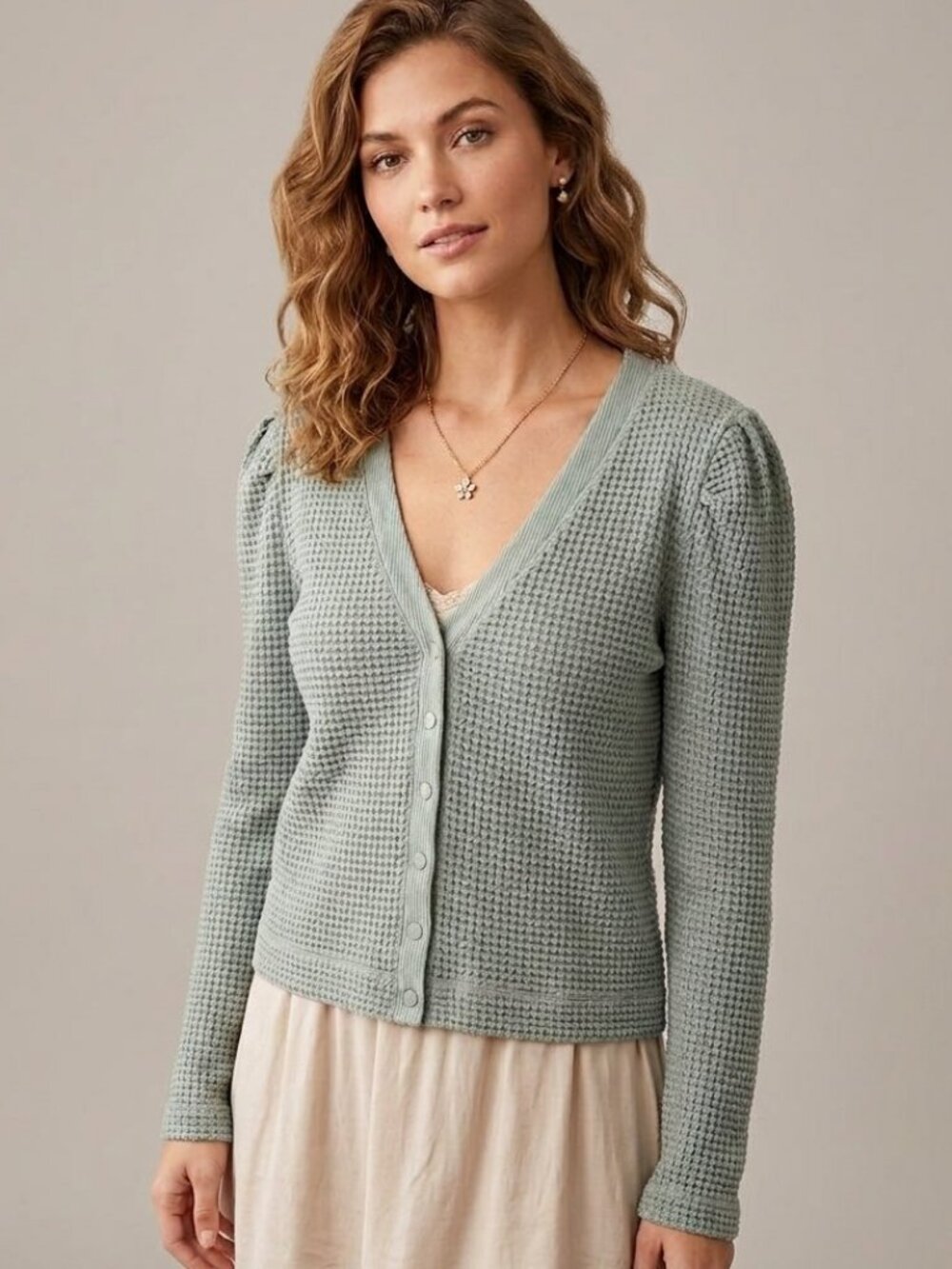 Shabby Chic | Sage Green Cardigan Waffle Print Cottagecore Fairycore Goblin M